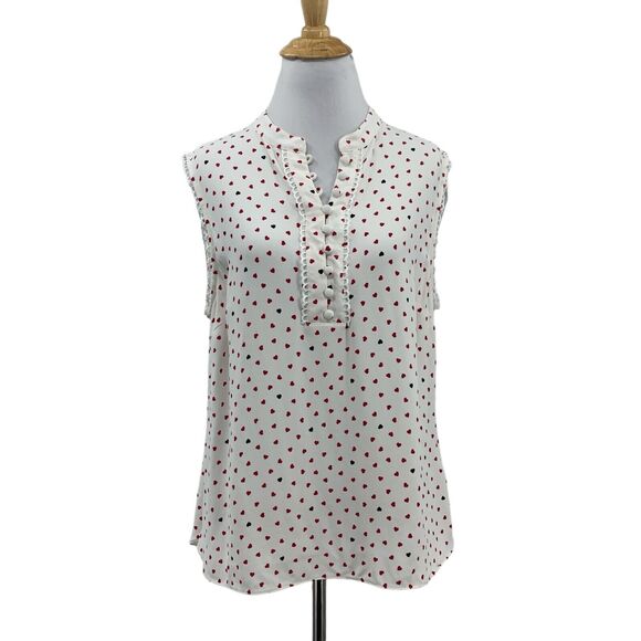 Brooks Brothers Blouse Women 14 Ivory Red Fleece Hearts Half Button Placket Trim - Picture 1 of 15